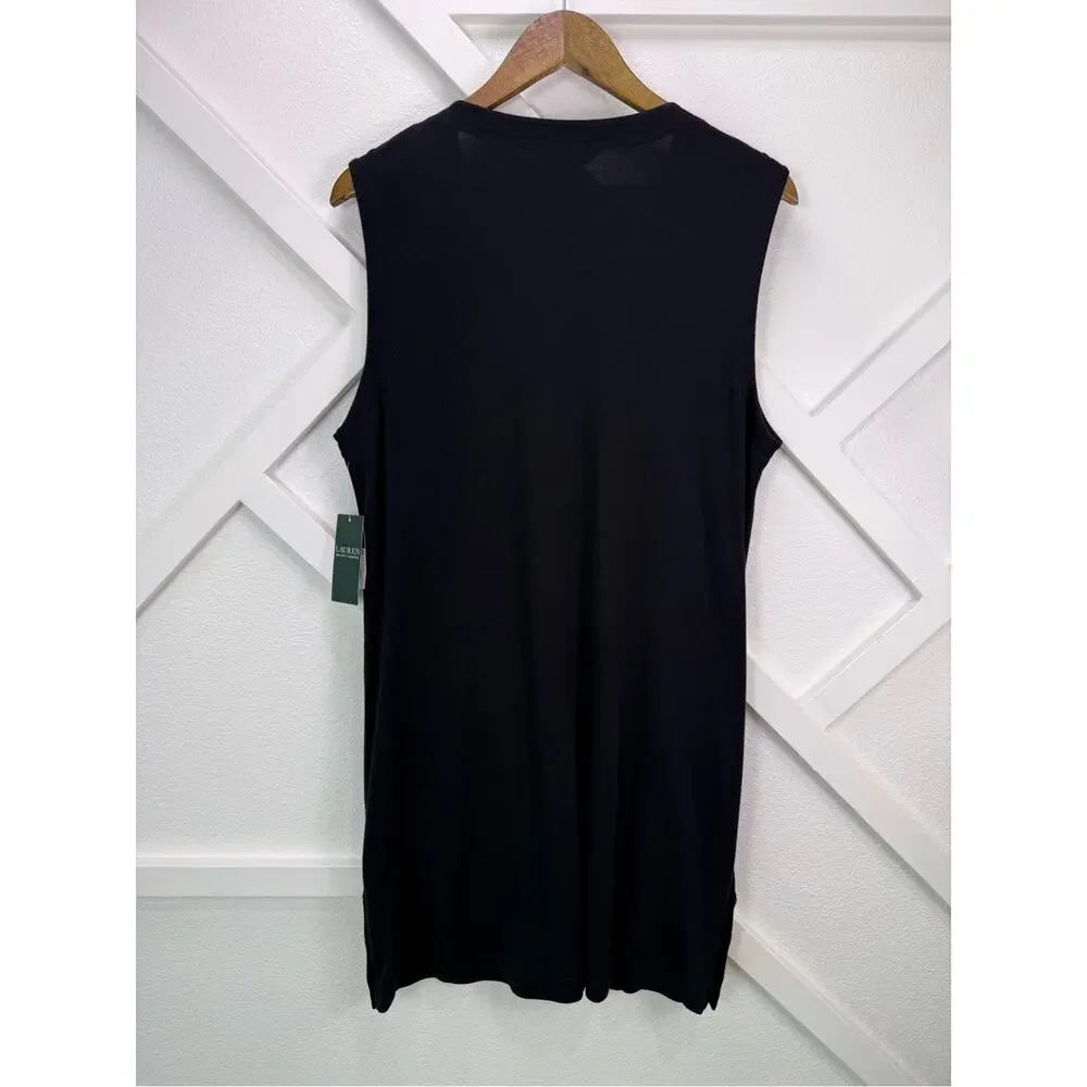 NWT Lauren Ralph Lauren Black Tunic Swim Cover Up Mini Dress Gold Buttons Large